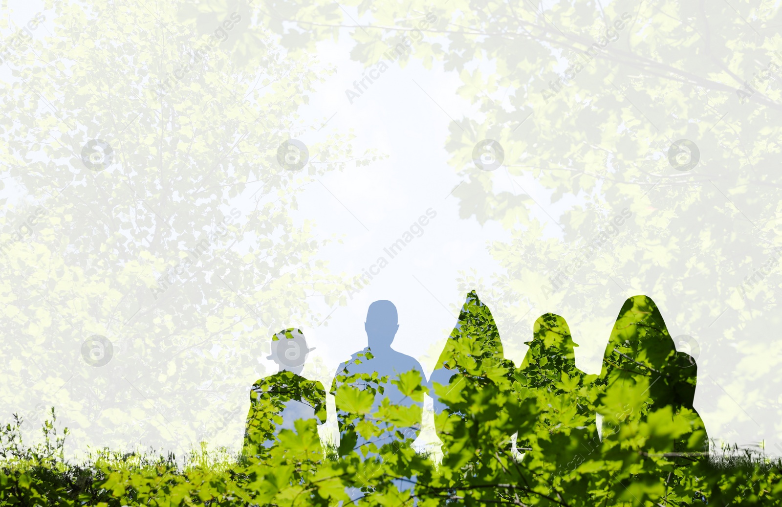 Image of Silhouettes of children and trees outdoors, double exposure. Space for text