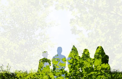 Silhouettes of children and trees outdoors, double exposure. Space for text