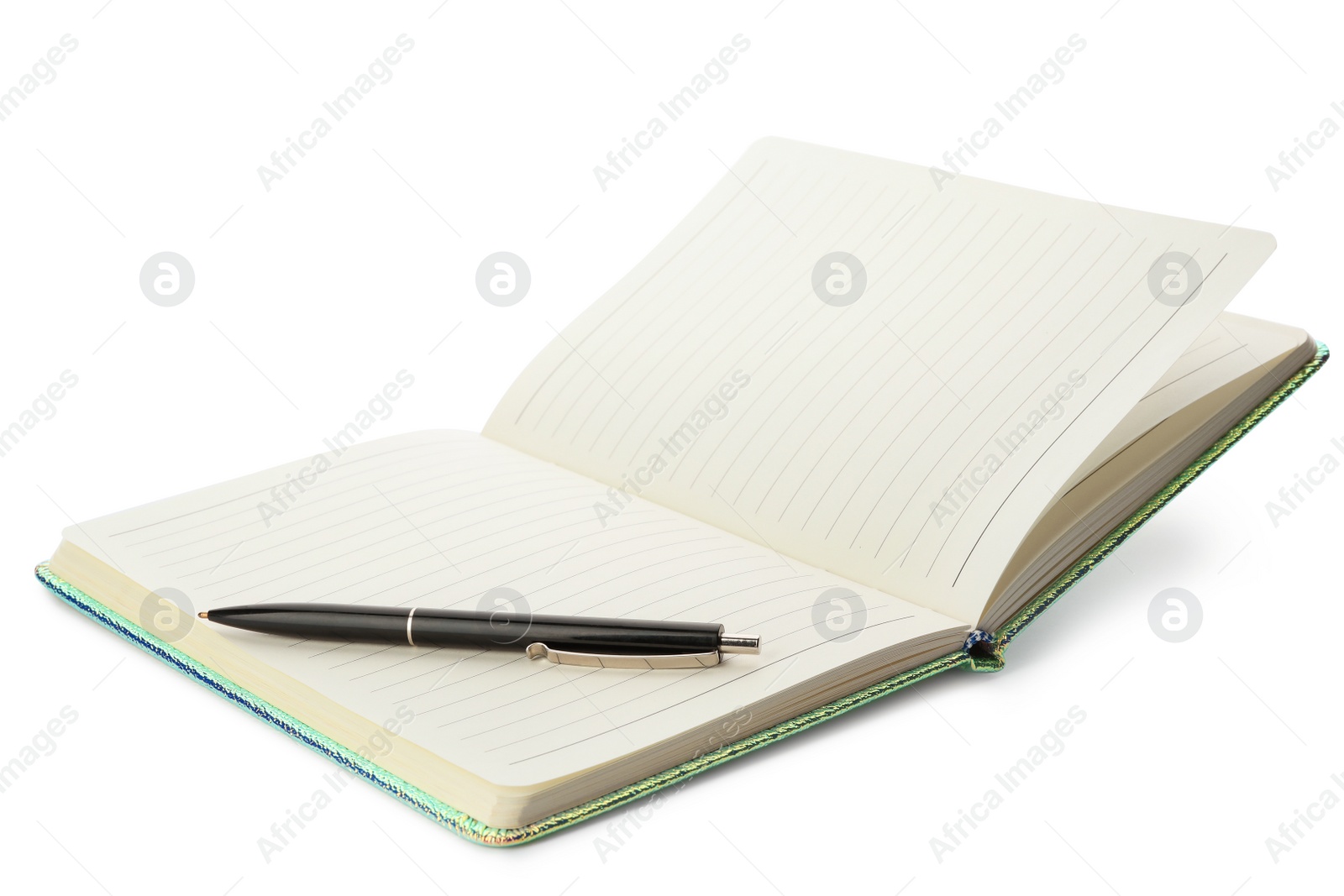 Photo of Stylish open notebook and pen isolated on white