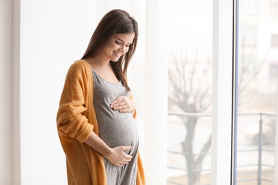 Photo of Young pregnant woman near window at home