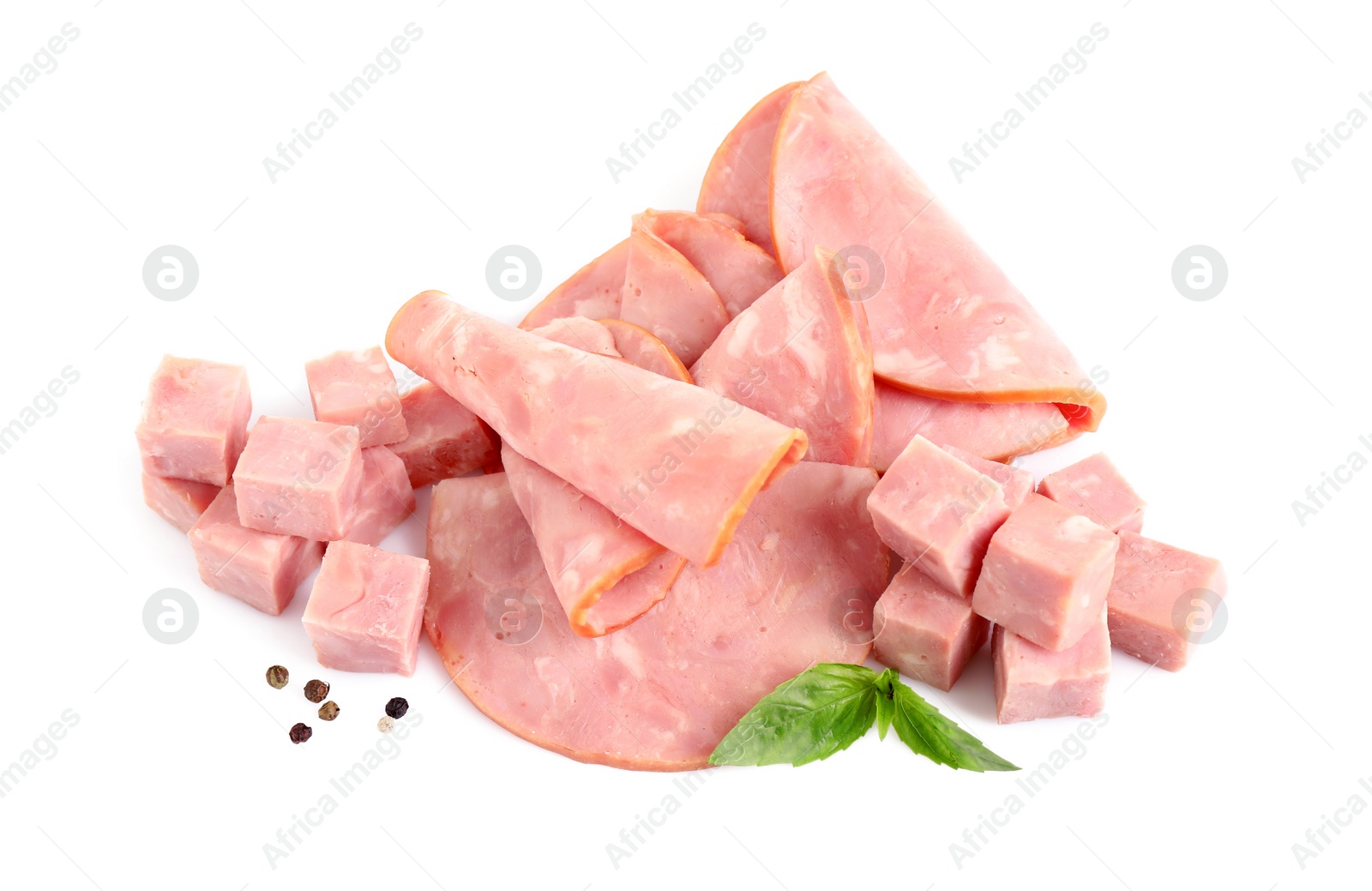 Photo of Tasty fresh ham with basil and pepper isolated on white, above view