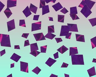 Image of Shiny purple confetti falling on gradient turquoise background