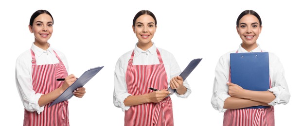 Image of Collage with photos of woman in apron on white background