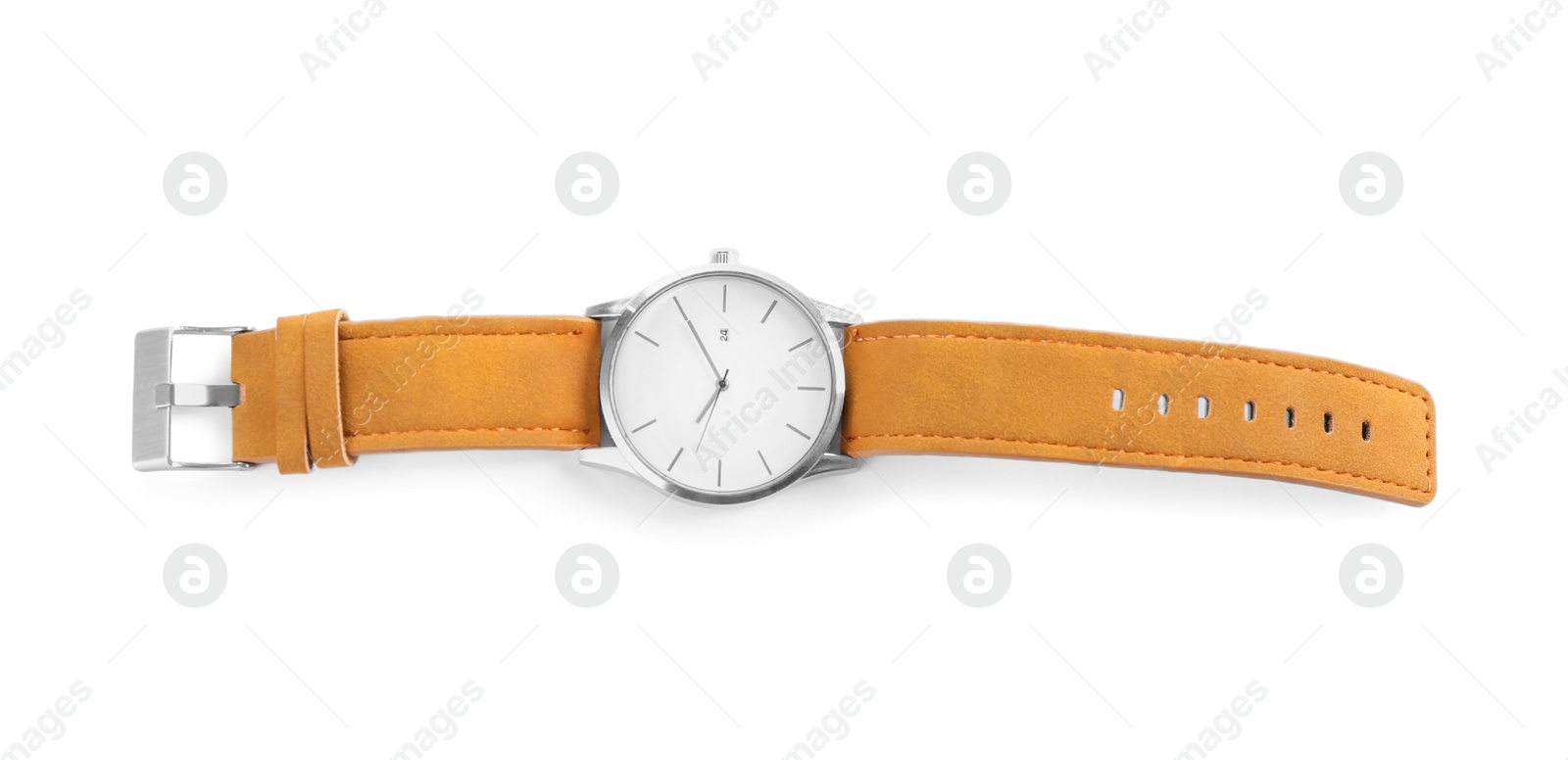 Photo of Elegant wristwatch with leather band isolated on white, top view