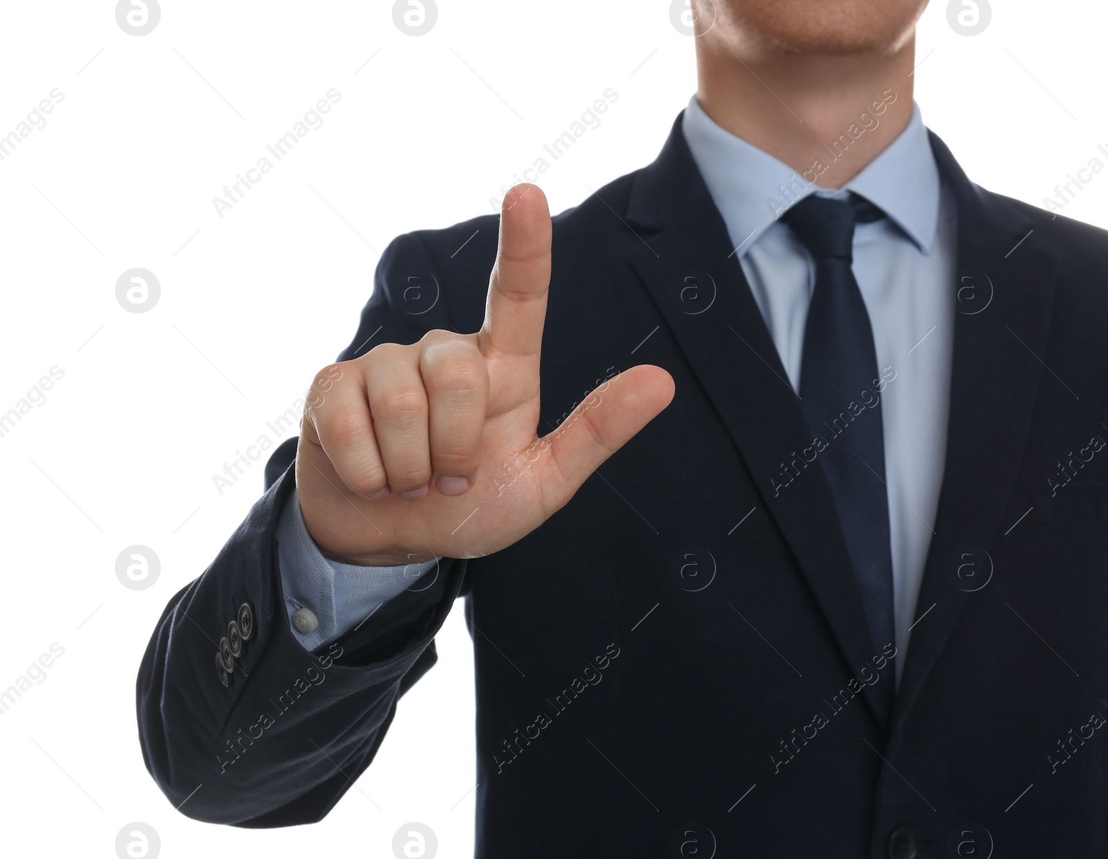 Photo of Businessman touching something against white background, focus on hand