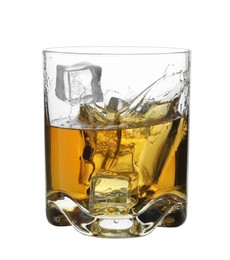 Whiskey with ice cubes in glass isolated on white