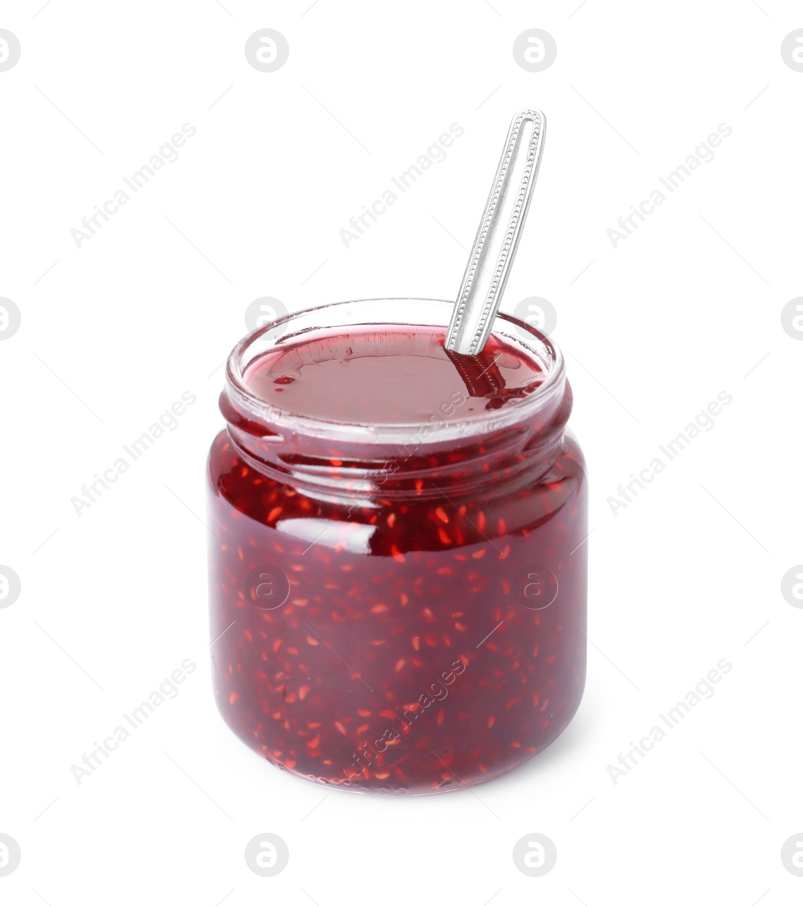 Photo of Jar of raspberry jam isolated on white