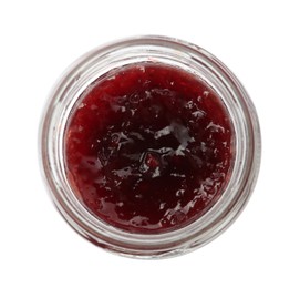Glass jar with sweet jam isolated on white, top view