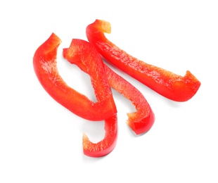 Slices of ripe red bell pepper on white background