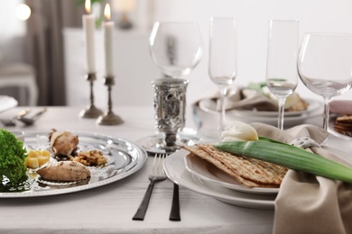 Festive Passover table setting at home. Pesach celebration