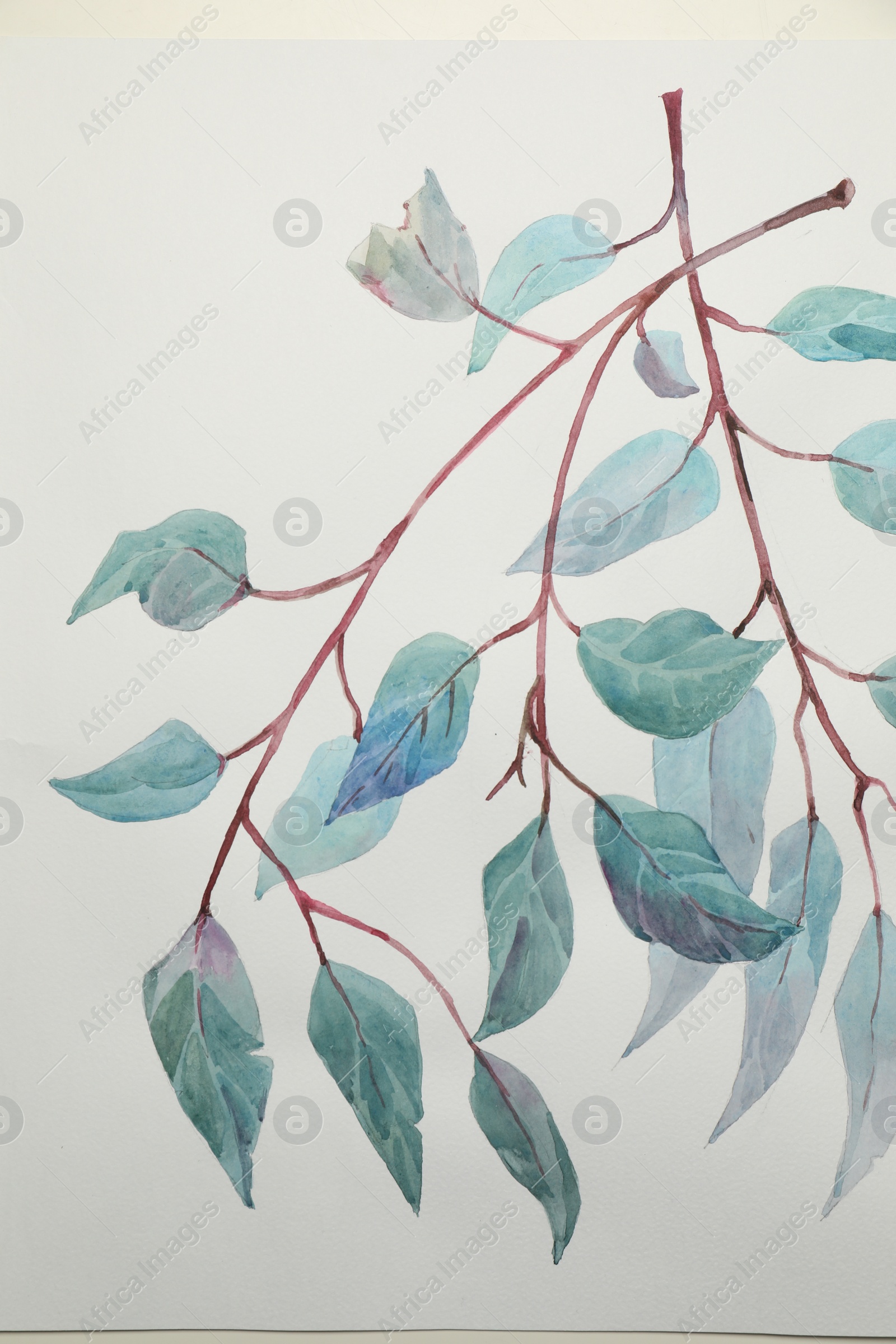 Photo of Beautiful watercolor tropical leaves painted on white paper, top view