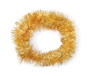 Photo of Shiny golden tinsel isolated on white, top view