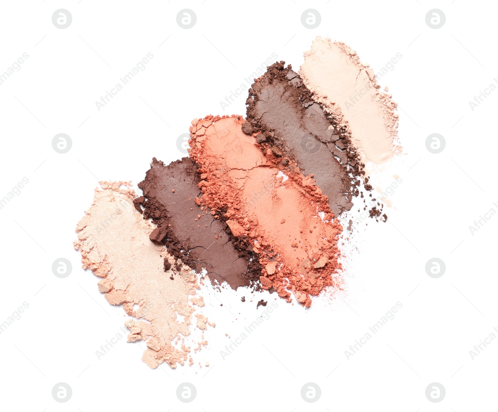 Photo of Crushed eye shadows on white background, top view. Professional makeup product