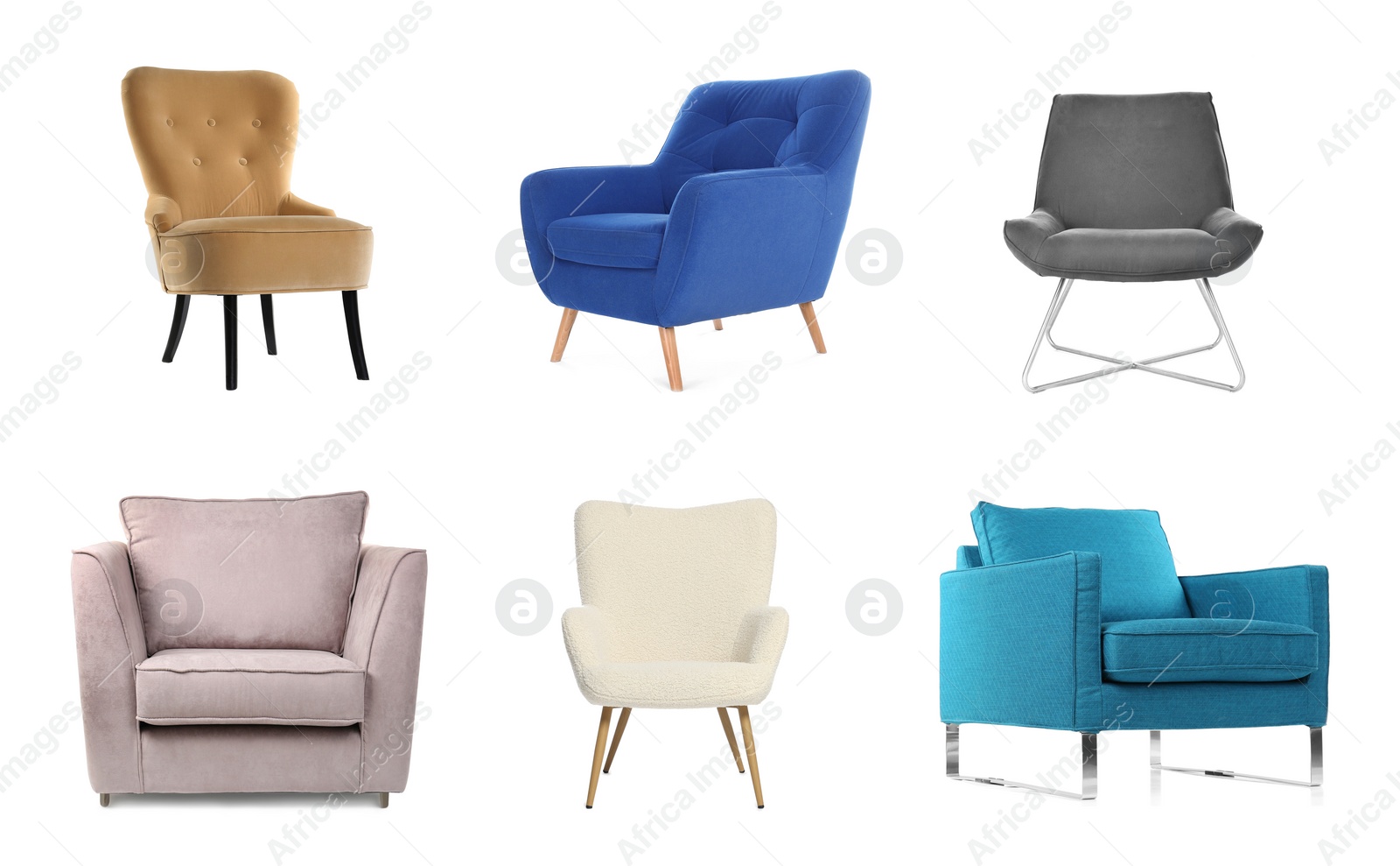 Image of Different comfortable armchairs isolated on white, set