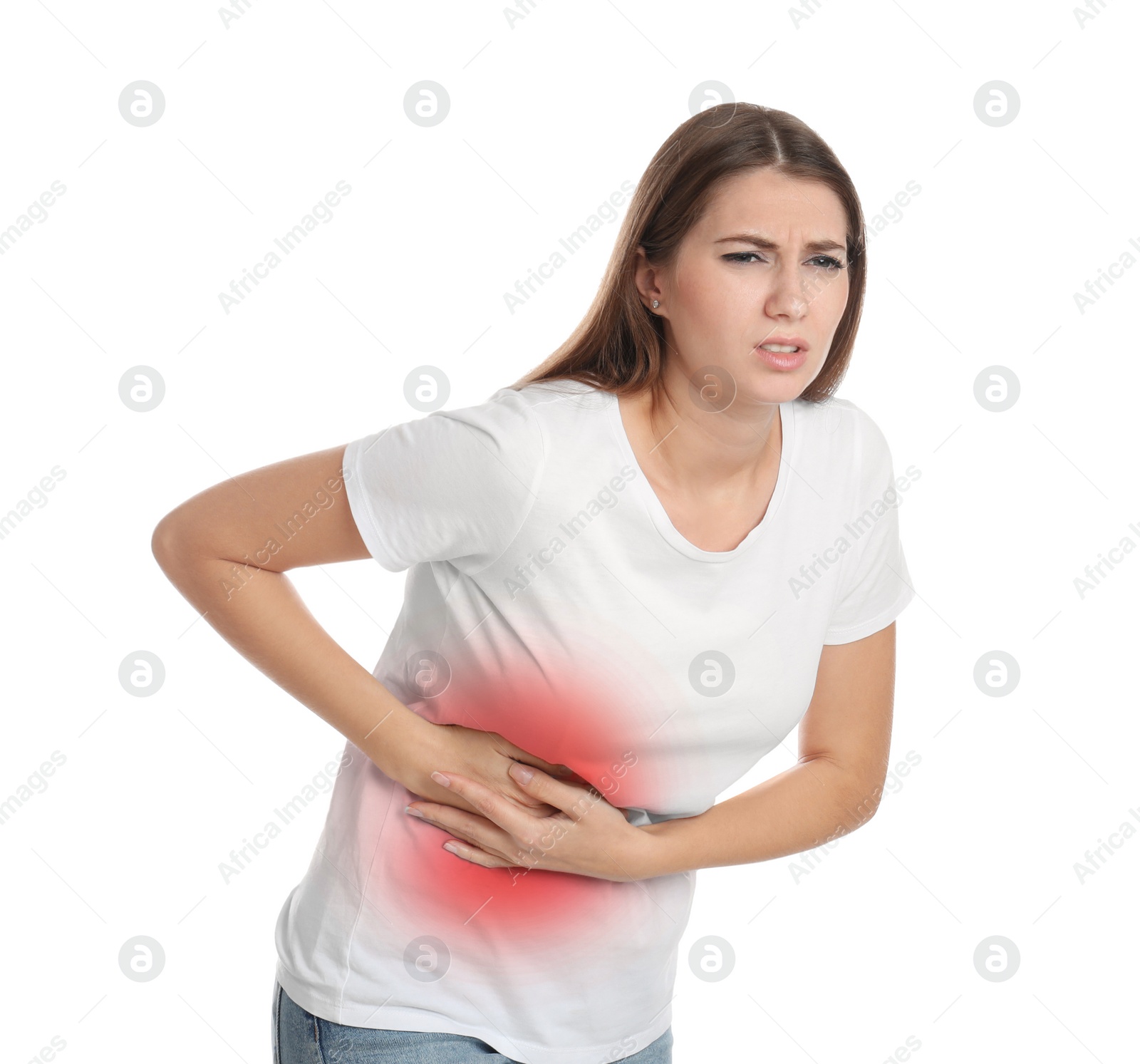 Photo of Young woman suffering from liver pain on white background