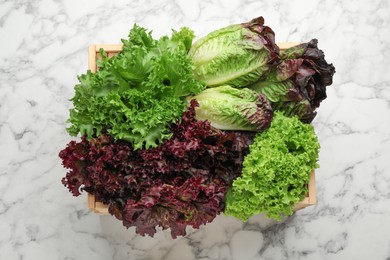 Crate with different sorts of lettuce on white marble table, top view
