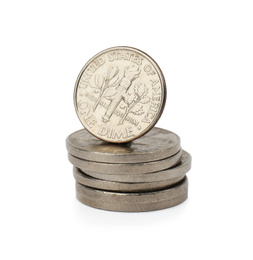 Stack of metal coins on white background
