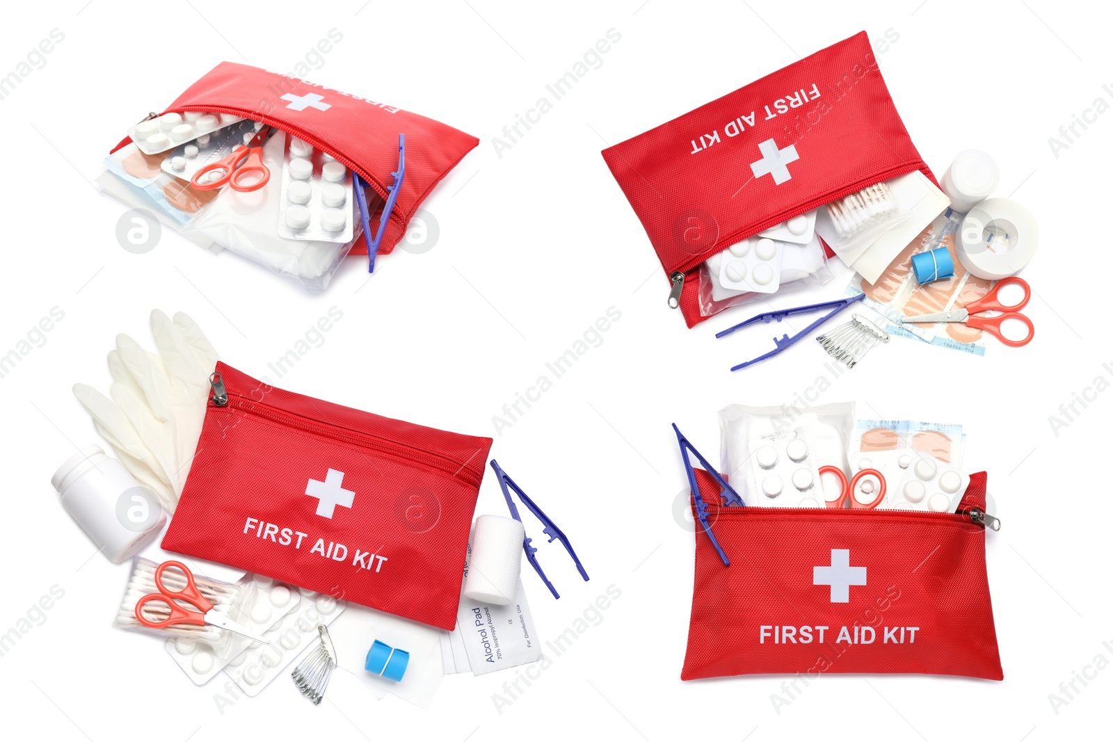 Image of Collage with first aid kit on white background, top and side views