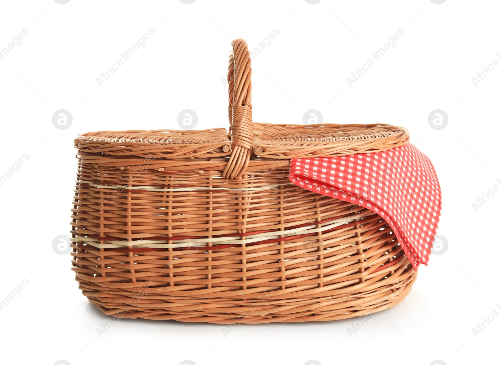 Photo of Empty picnic basket with checkered cloth isolated on white