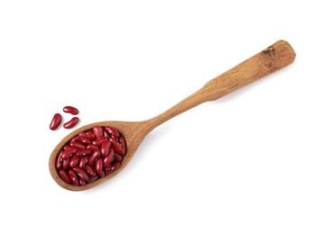 Raw red kidney beans with wooden spoon isolated on white, top view