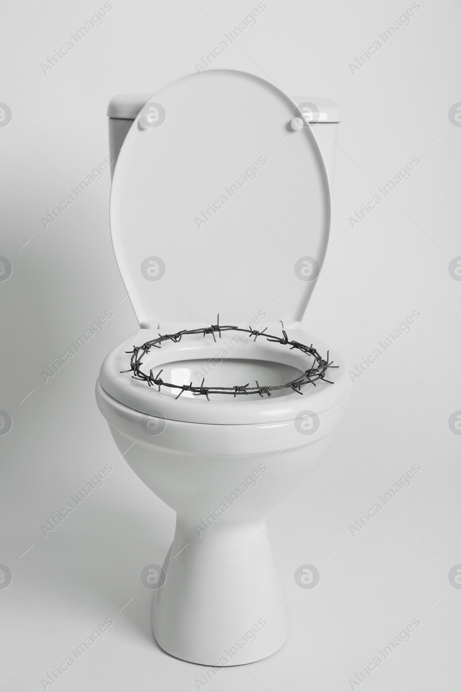 Photo of Toilet bowl with barbed wire on white background. Hemorrhoids concept
