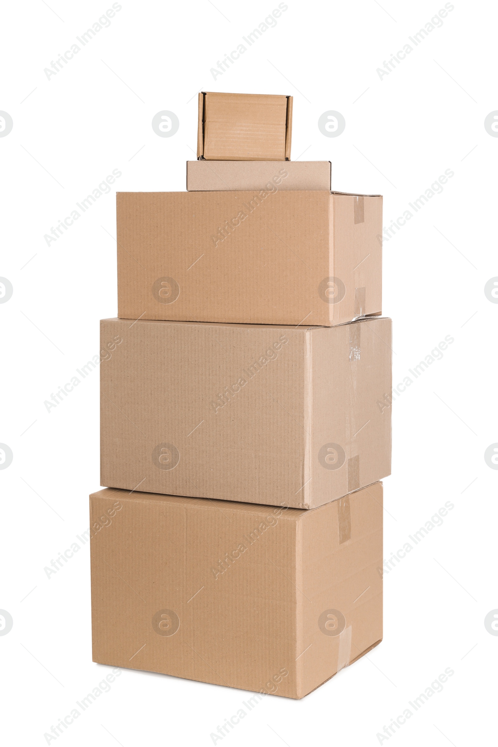 Photo of Stack of cardboard boxes on white background