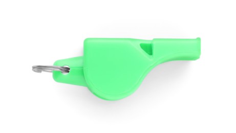 Photo of One green plastic whistle isolated on white, top view