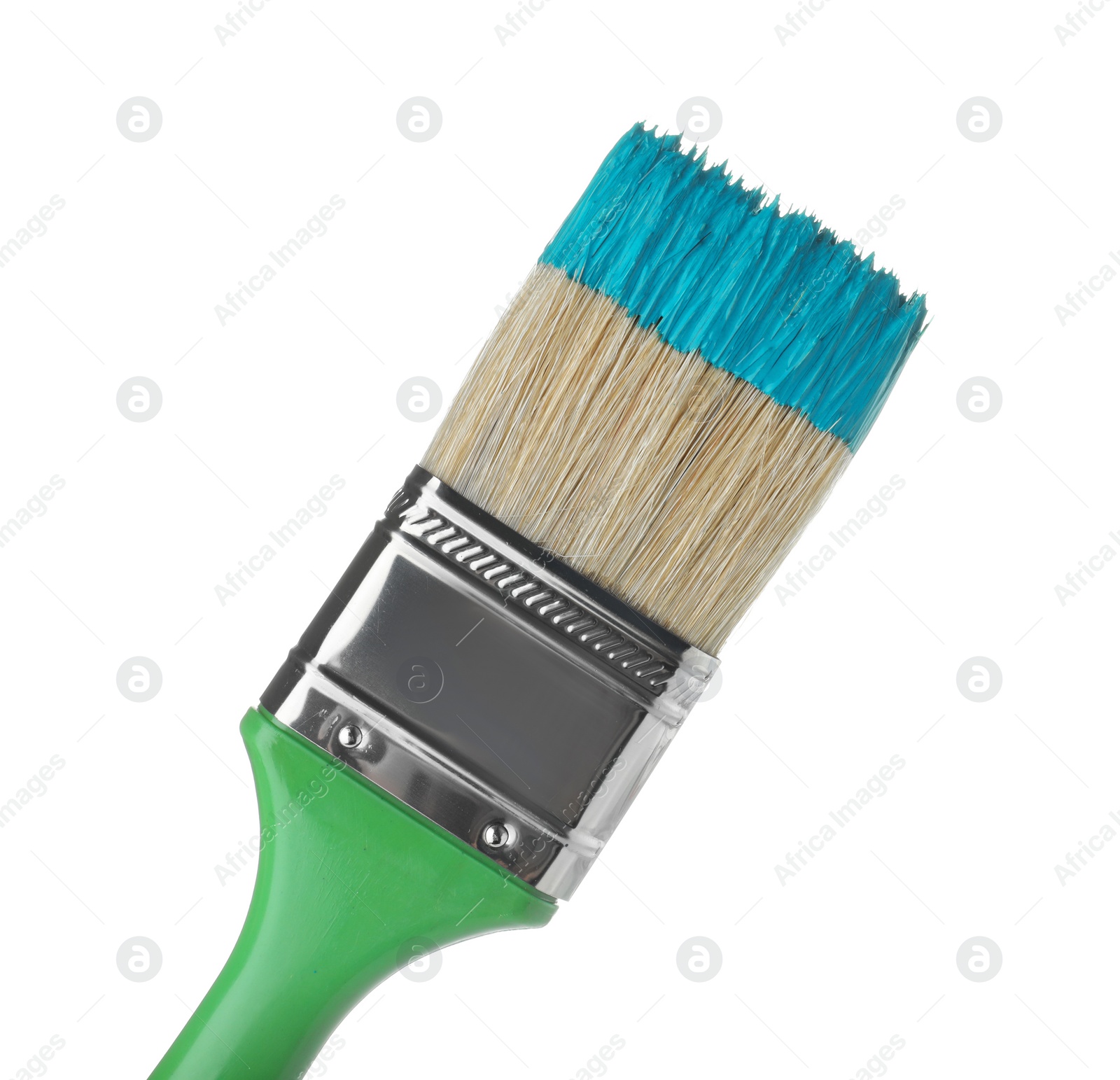 Photo of Brush with green paint on white background, closeup