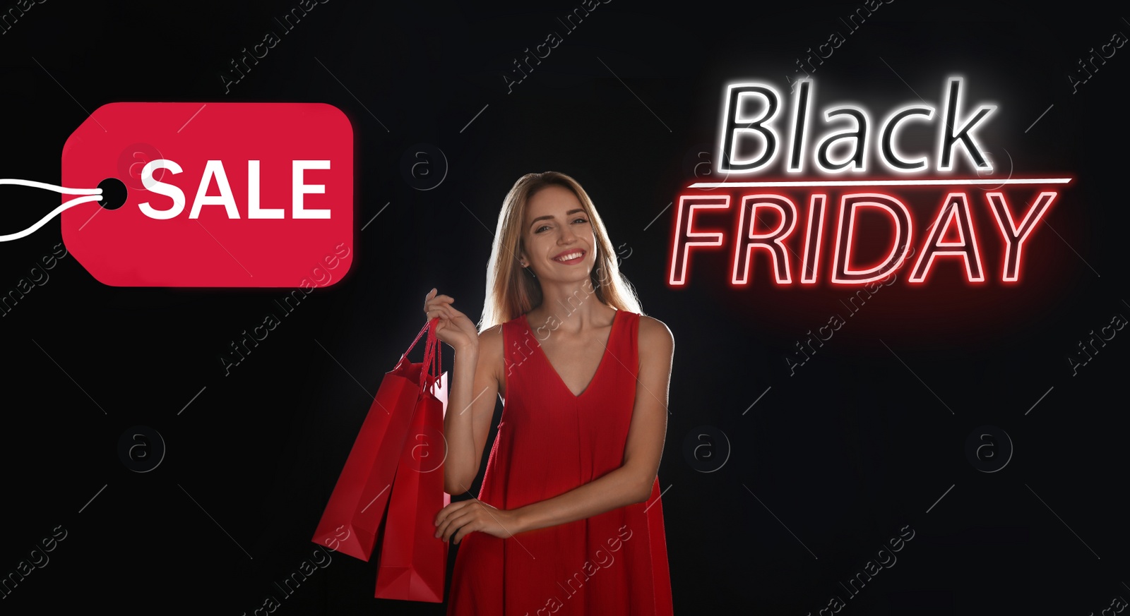 Image of Black Friday Sale. Beautiful young woman with shopping bags on dark background 