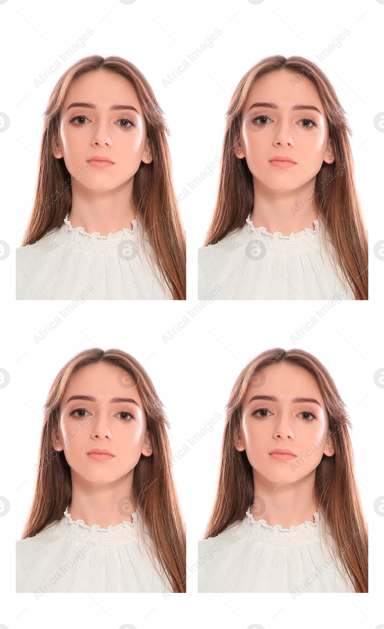 Image of Passport photo, collage. Woman on white background, set of photos