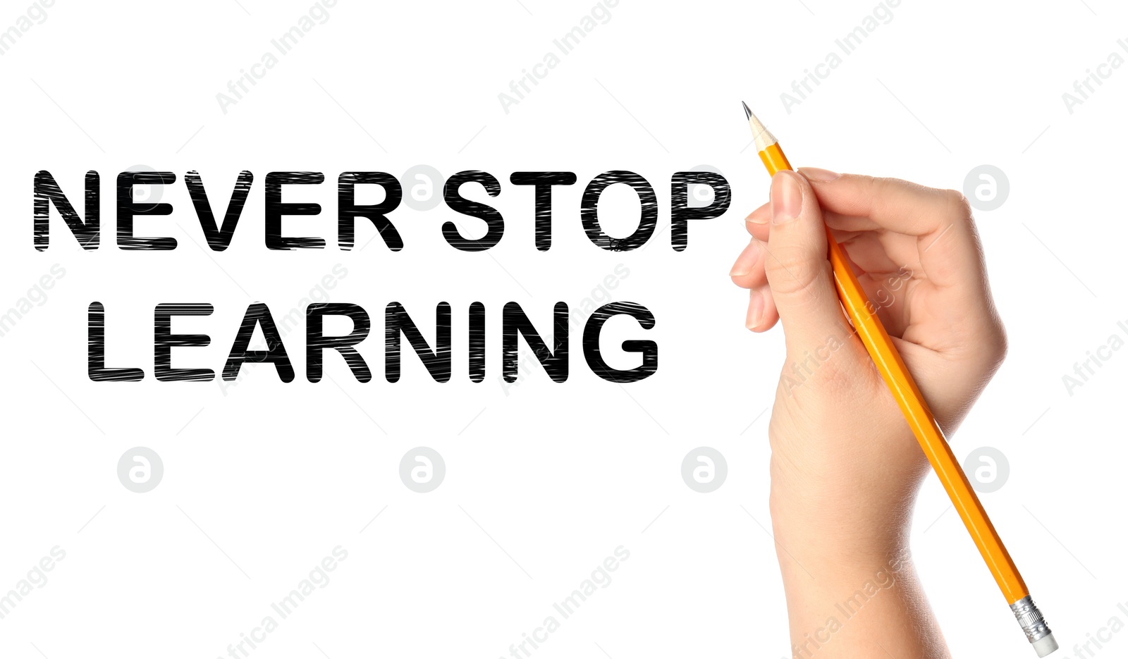 Image of Woman writing phrase NEVER STOP LEARNING on white background, closeup. Banner design