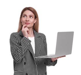 Photo of Beautiful businesswoman with laptop on white background