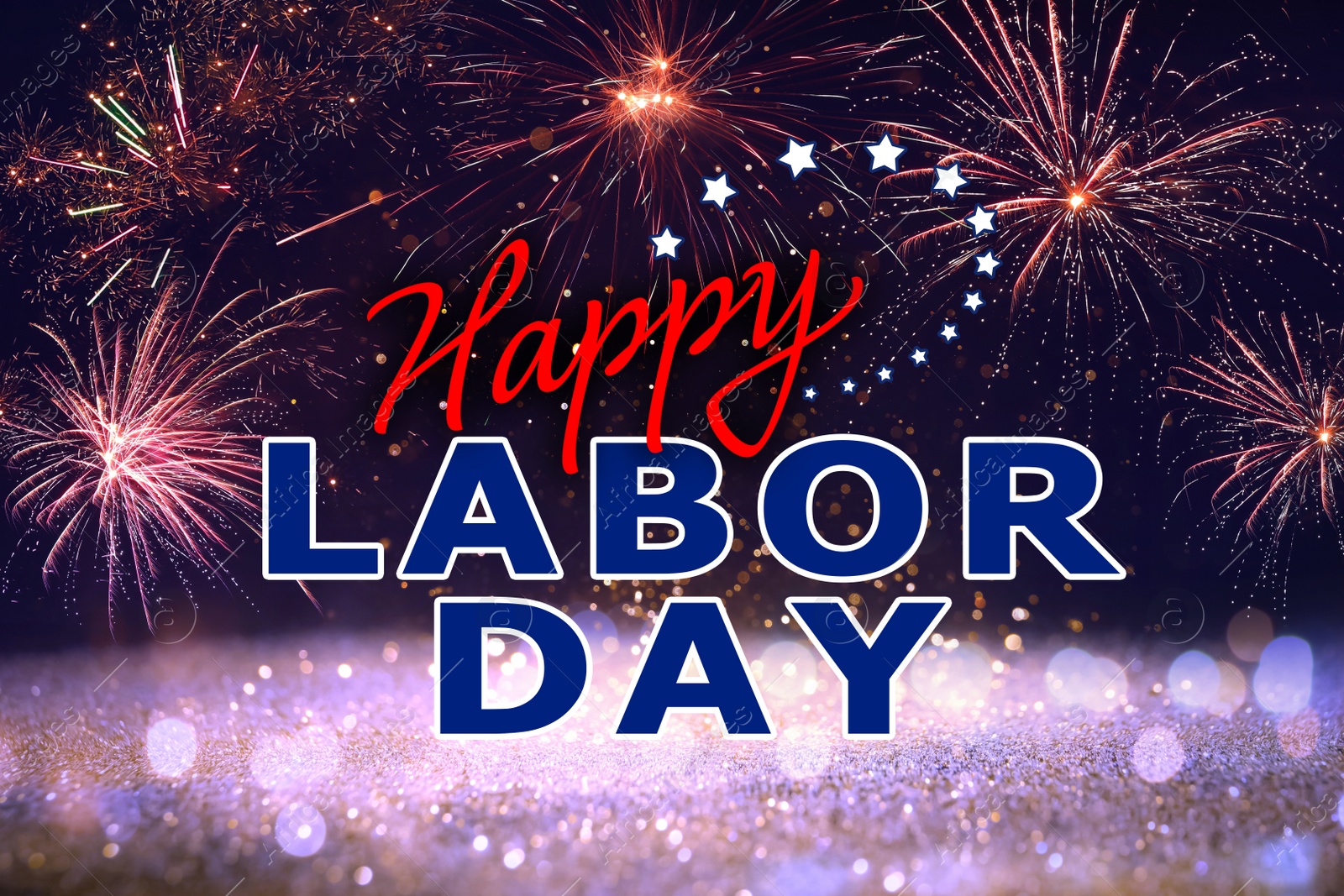 Image of Happy Labor Day. Festive background with fireworks and glitters, bokeh effect