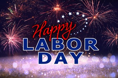 Image of Happy Labor Day. Festive background with fireworks and glitters, bokeh effect