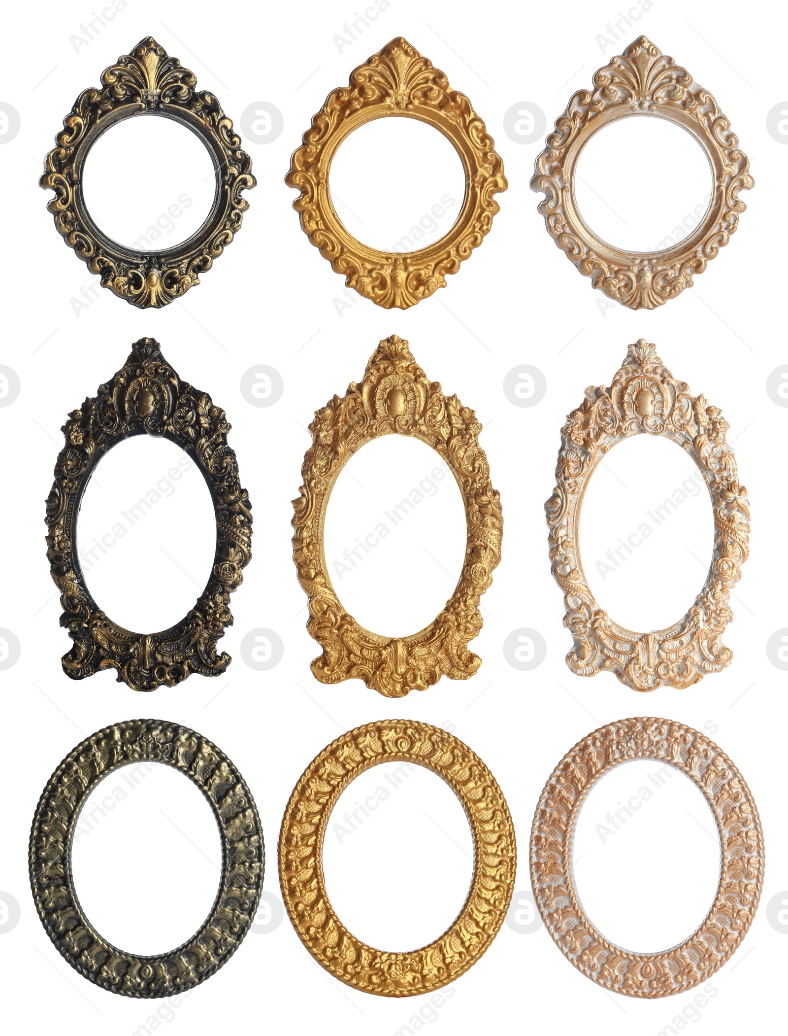 Image of Set of different vintage frames on white background