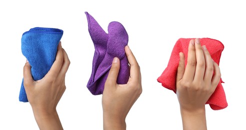 Collage with photos of women holding microfiber cloths on white background, closeup 