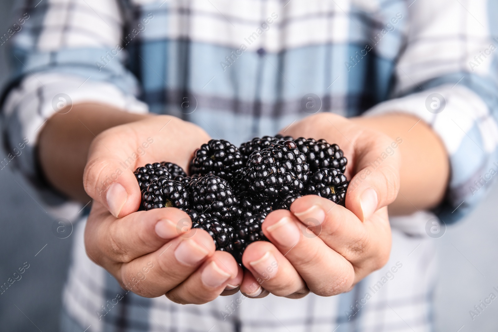 Photo of Young woman with handful of ripe blackberries, closeup