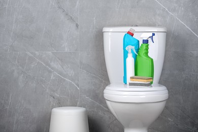 Cleaning supplies on toilet bowl in bathroom, space for text