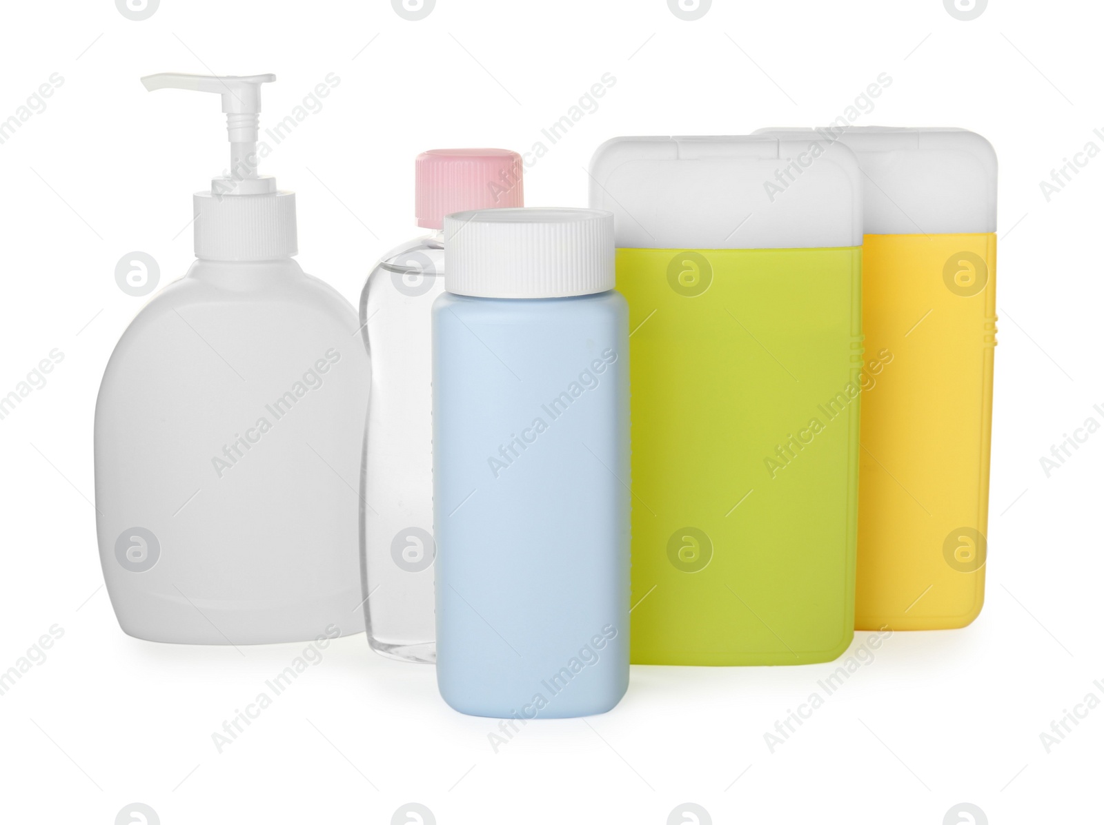 Photo of Set of baby cosmetic products on white background