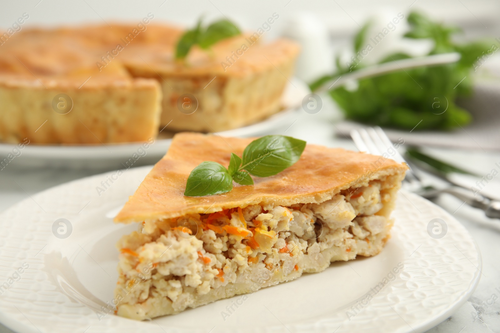 Photo of Piece of delicious pie with meat and basil in plate, closeup