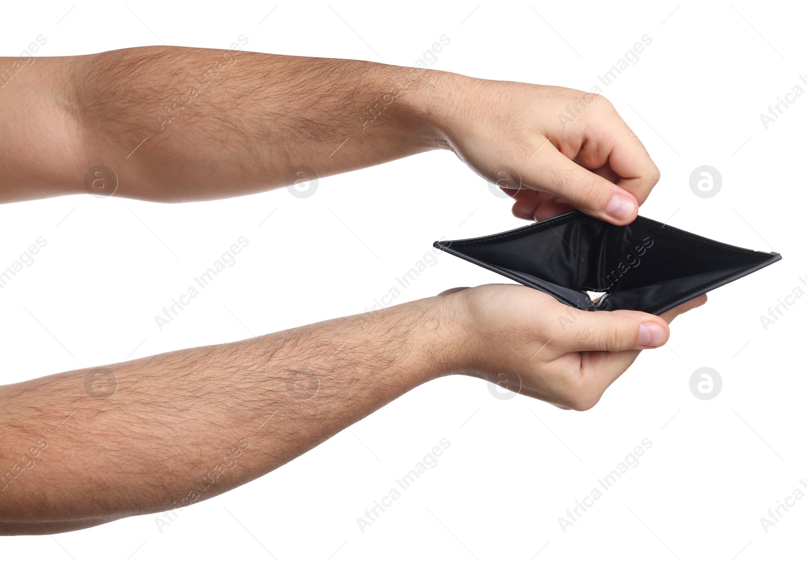 Photo of Man showing empty wallet on white background, closeup