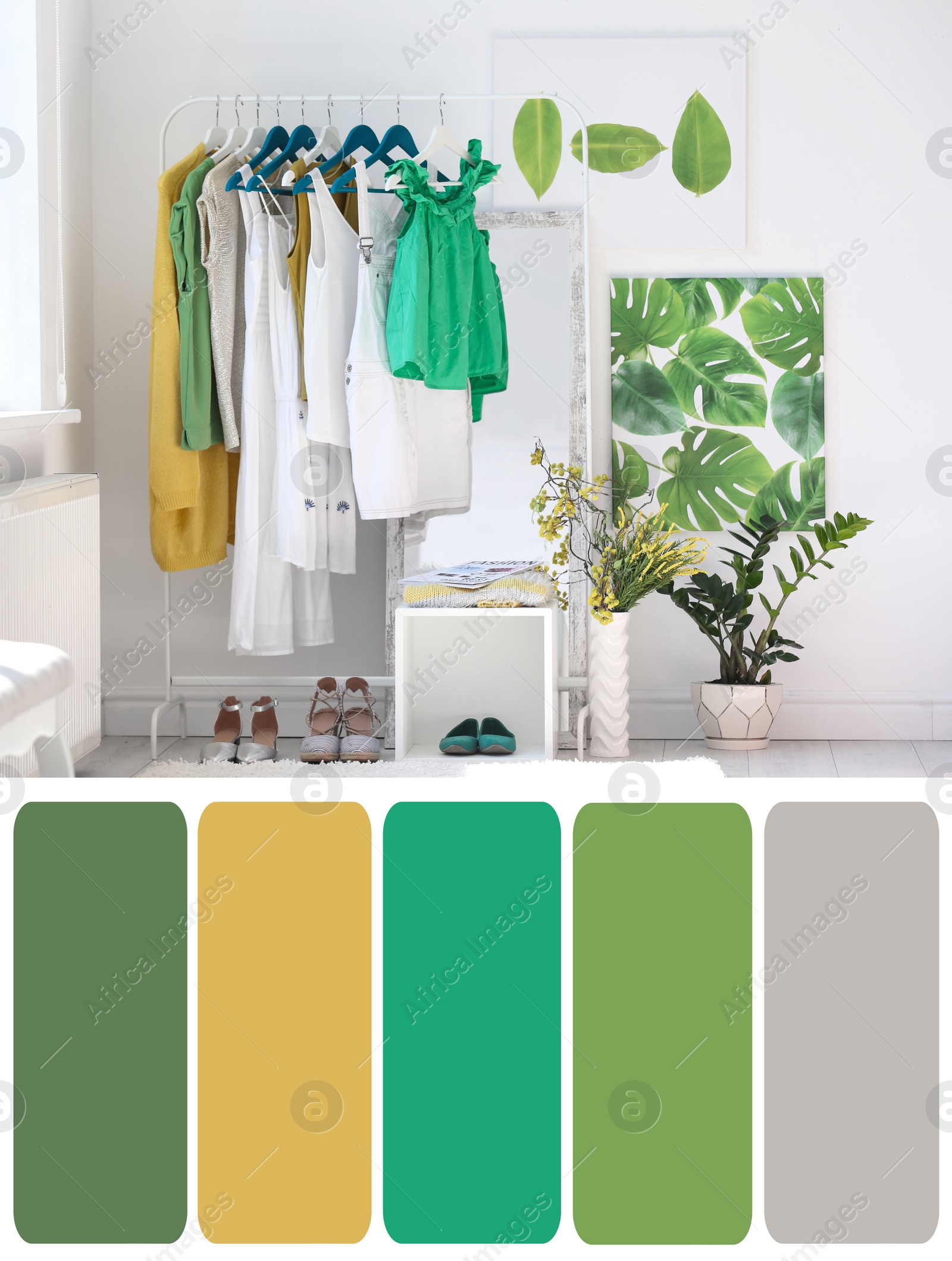 Image of Color palette appropriate to photo of stylish women's clothes on rack in room