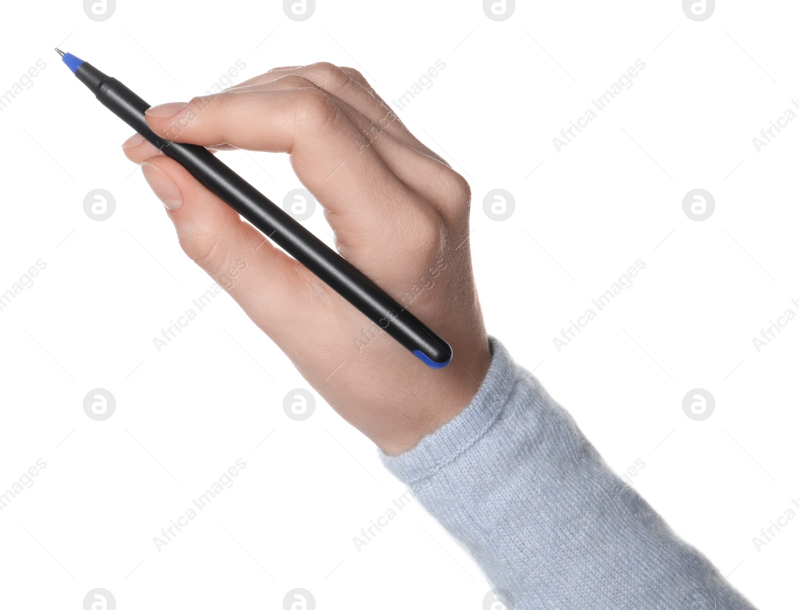 Photo of Woman holding pen on white background, closeup of hand