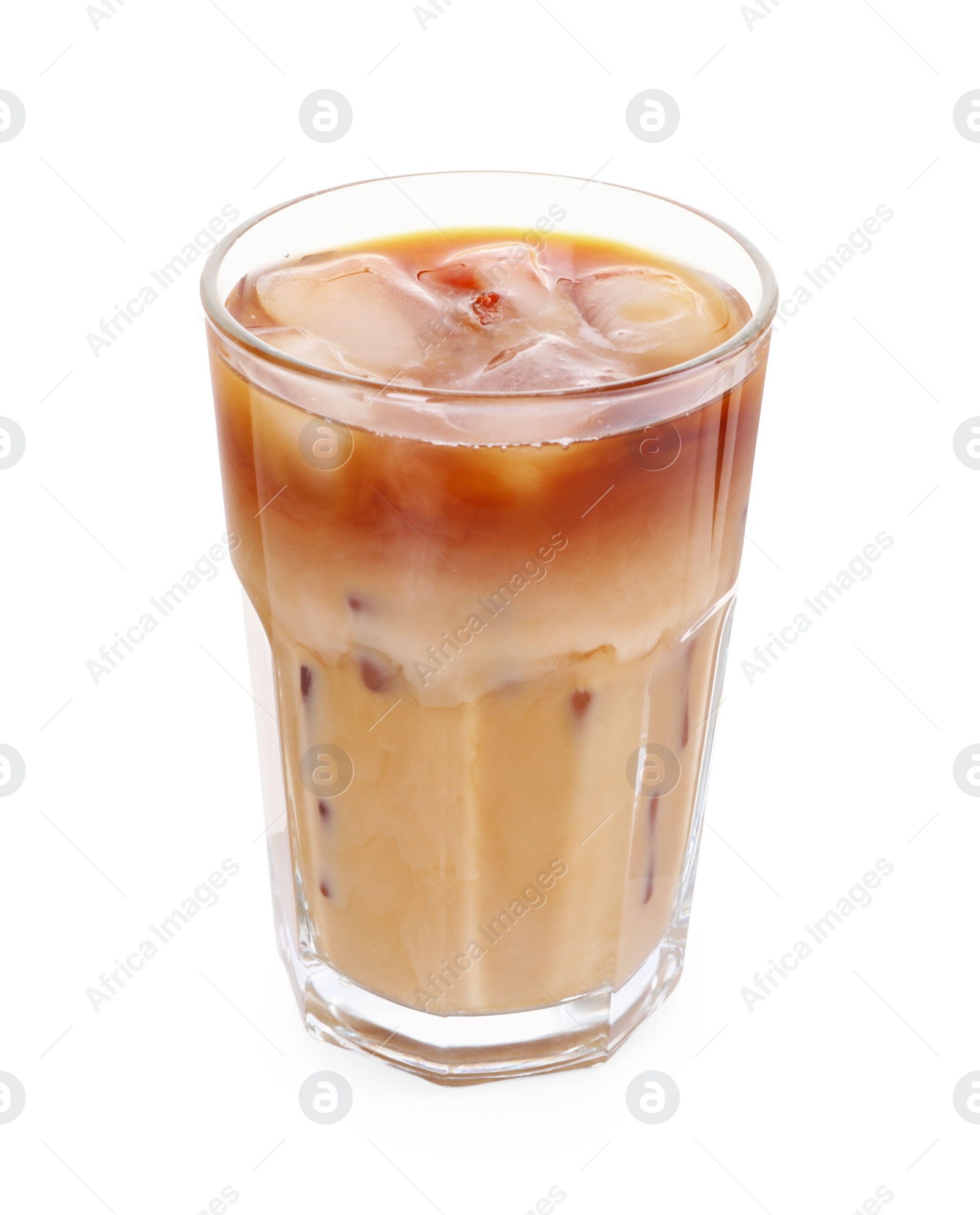 Photo of Glass of fresh iced coffee isolated on white