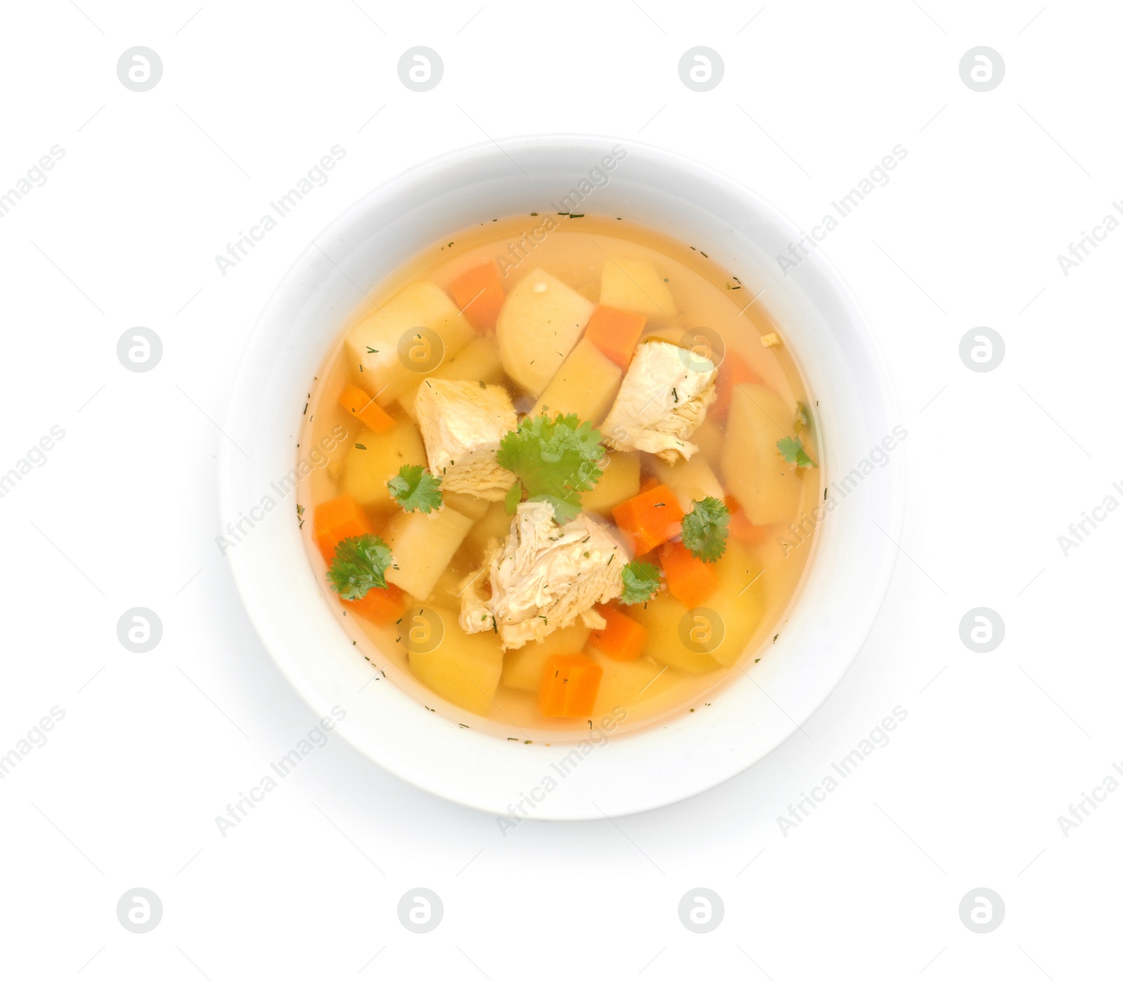 Photo of Dish with fresh homemade chicken soup on white background, top view