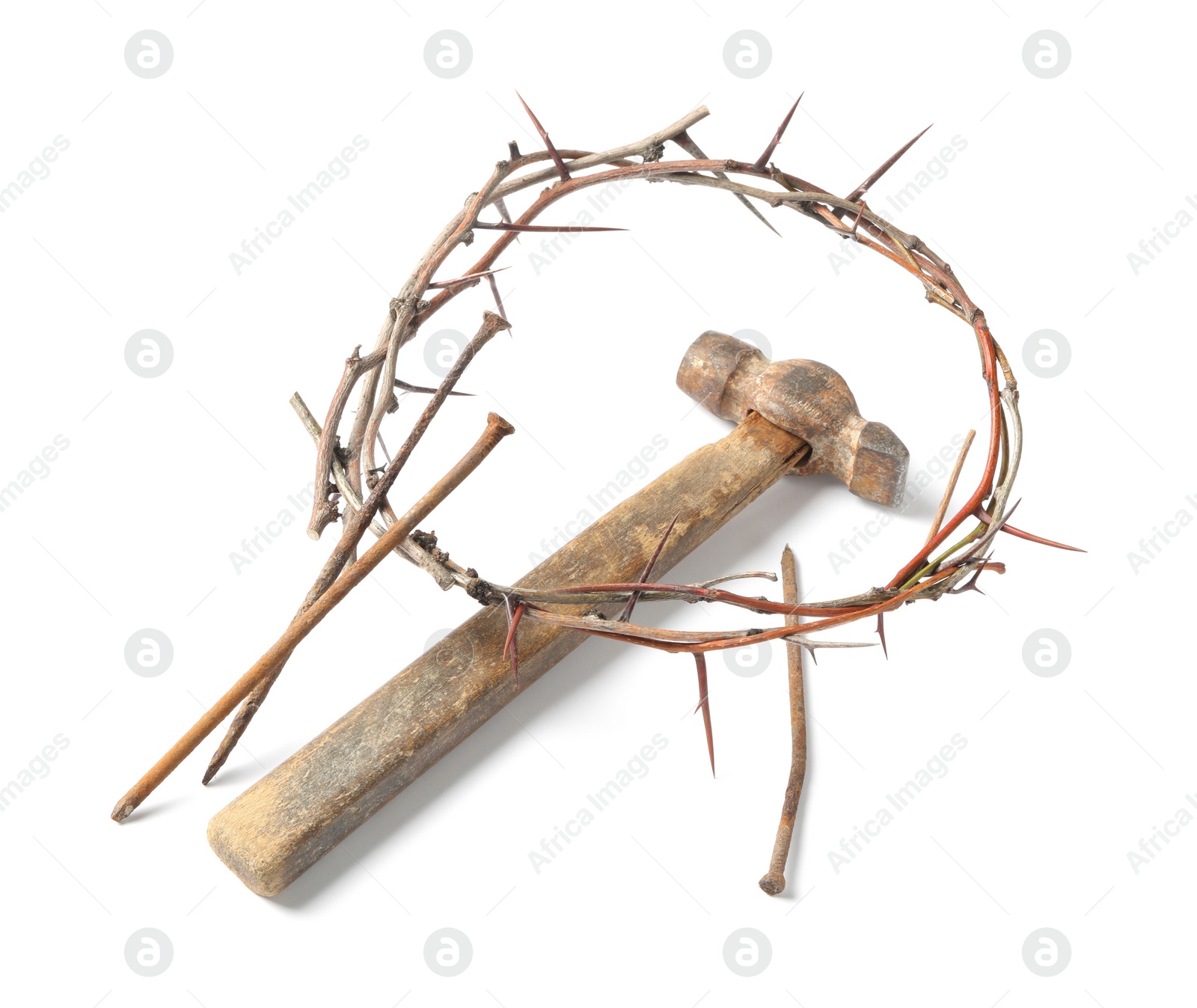 Photo of Crown of thorns, nails and hammer on white background. Easter attributes