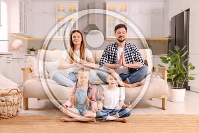 Image of Family meditating together at home. Yin and yang symbol