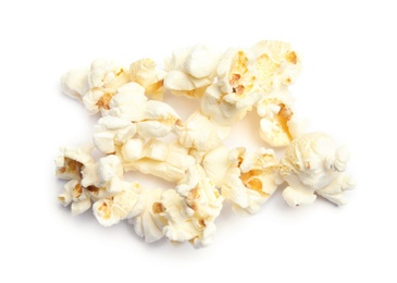 Photo of Pile of delicious fresh popcorn on white background