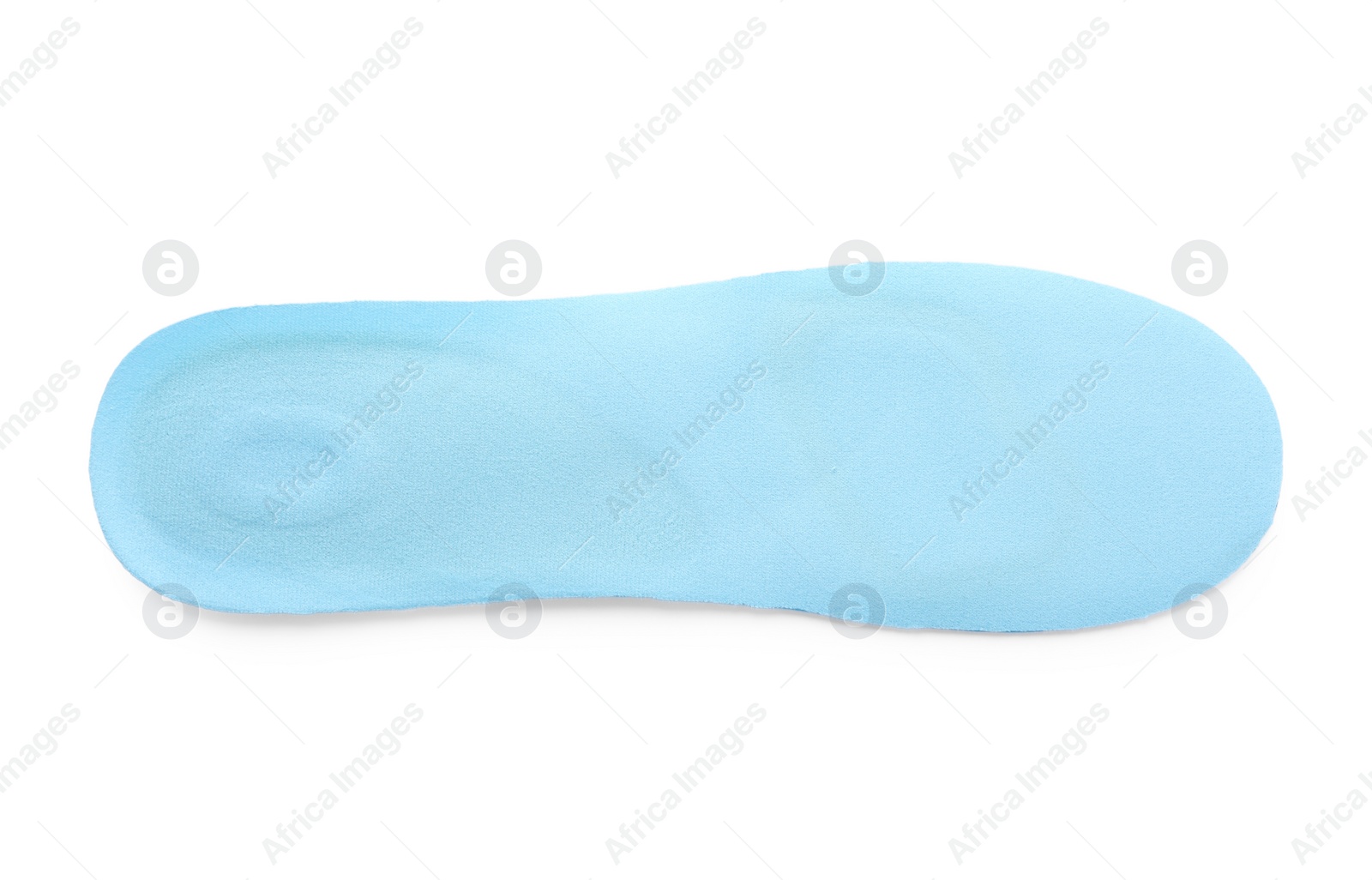 Photo of Light blue orthopedic insole isolated on white, top view