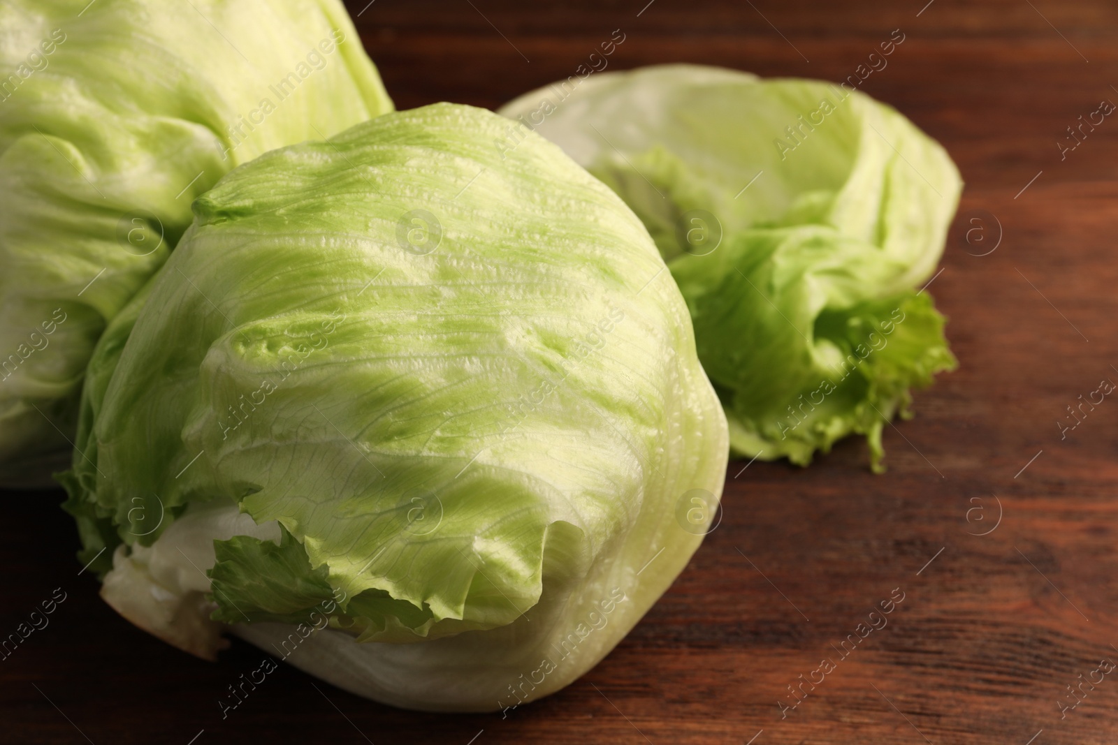 Photo of Fresh green iceberg lettuce heads and leaves on wooden table, closeup